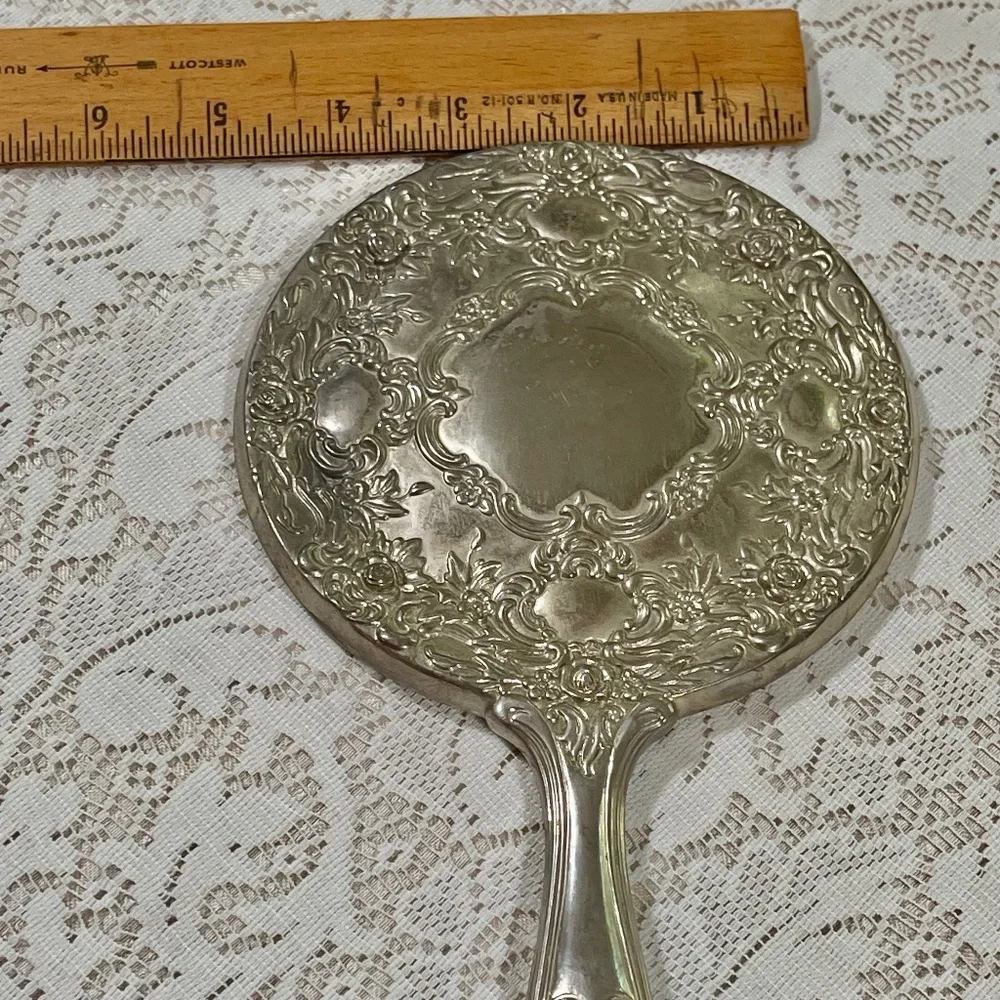 Vintage Victorian Vanity Mirror Silver Tone Handheld Mirror Art Deco